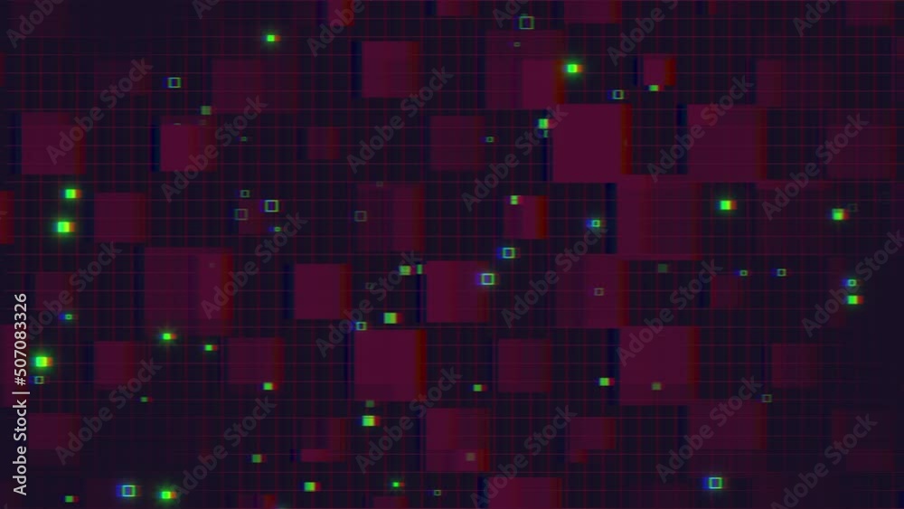 Neon blue and purple digital pixels and squares on monitor screen, motion abstract business, corporate and retro style background Neon blue and purple digital pixels and squares on monitor screen, motion abstract business, corporate and retro style background