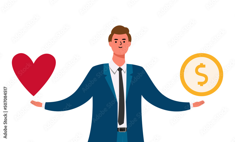 balance between work and health, a businessman holds money and a heart in his hands, balancing between life and work balance between work and health, a businessman holds money and a heart in his hands, balancing between life and work