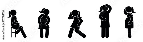 Woman icon. Set of stickman isolated girls on white. Woman silhouette vector illustration. Headache, abdominal pain, feeling unwell.