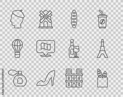 Set line Perfume, French baguette bread, Woman shoe, Flag France, Notre Dame de Paris and Eiffel tower icon. Vector