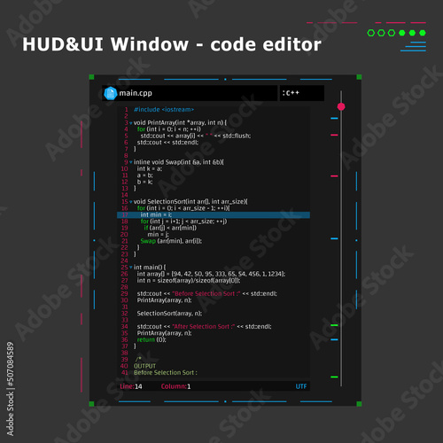 Futuristic sci-fi HUD UI Window - program code editor. Interface for motion design. App development and gamedev.