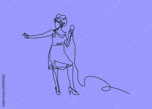 singing woman with microphone in hands vector illustration. musical band vocalist.continuous line drawing