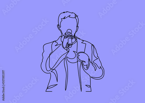 Business conference, business meeting. Man at rostrum in front of audience. Public speaker giving a talk at conference hall- continuous line drawing