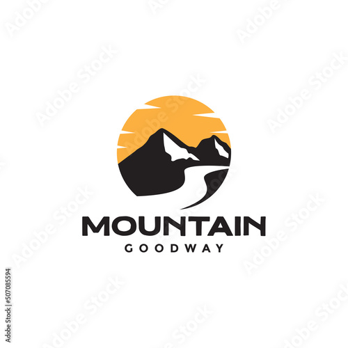 colored vintage mountain with road and sunset logo design vector graphic symbol icon illustration creative idea