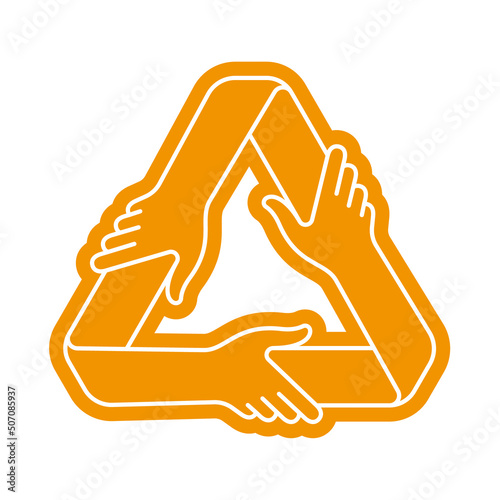 Vector triangle ecological line symbol with hands holding each other. Isolated on white background.