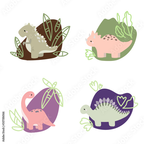 Set of characters with cute dinosaurs. Suitable for stickers and prints.