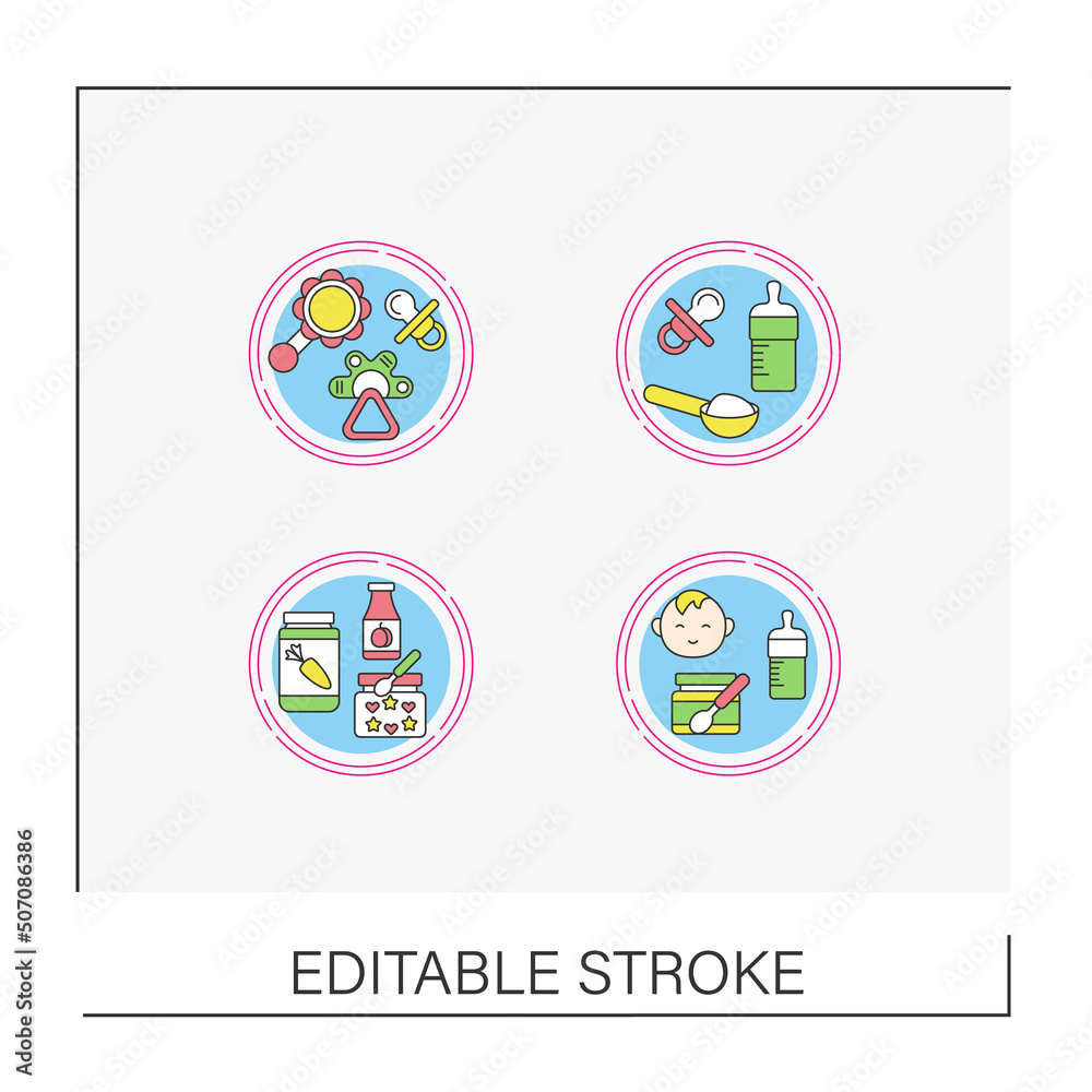 Baby concept icons set. Baby products. Treatment, toys and present for kids.Vector isolated conception metaphor illustrations.Editable stroke