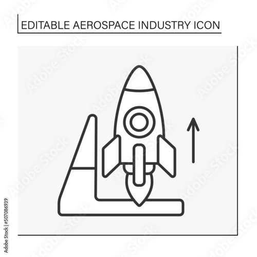  Rocket launch line icon. Launching a missile or spacecraft to a space destination. Aerospace industry concept. Isolated vector illustration. Editable stroke photo