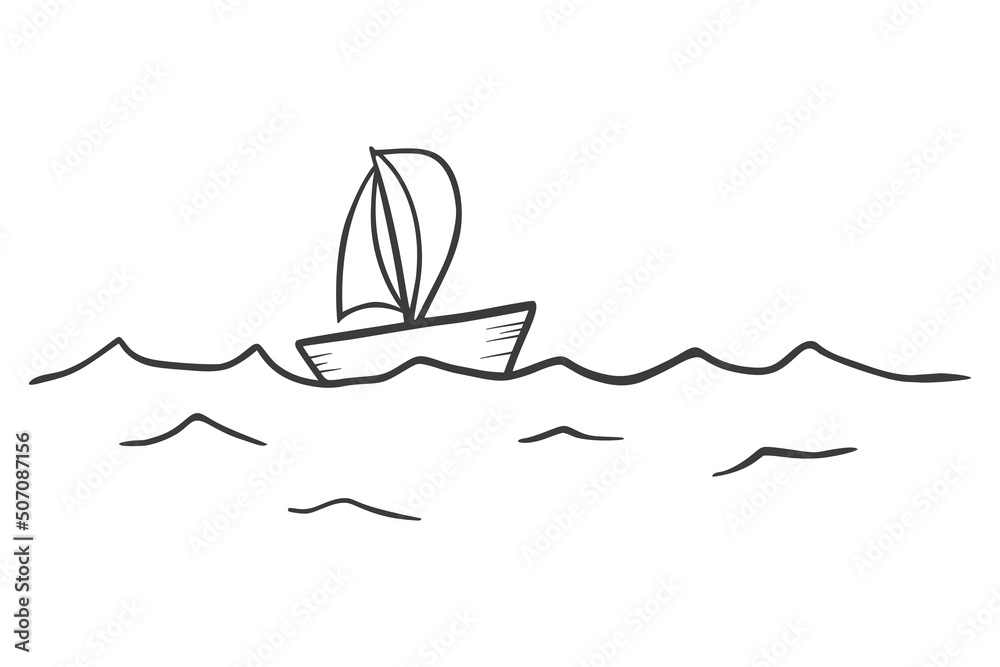 A sailboat sails through the waves in the sea. Simple art line design. Ship in the ocean. Vector illustration. Adventure travel. The concept of striving to overcome obstacles.