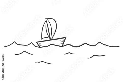 A sailboat sails through the waves in the sea. Simple art line design. Ship in the ocean. Vector illustration. Adventure travel. The concept of striving to overcome obstacles.