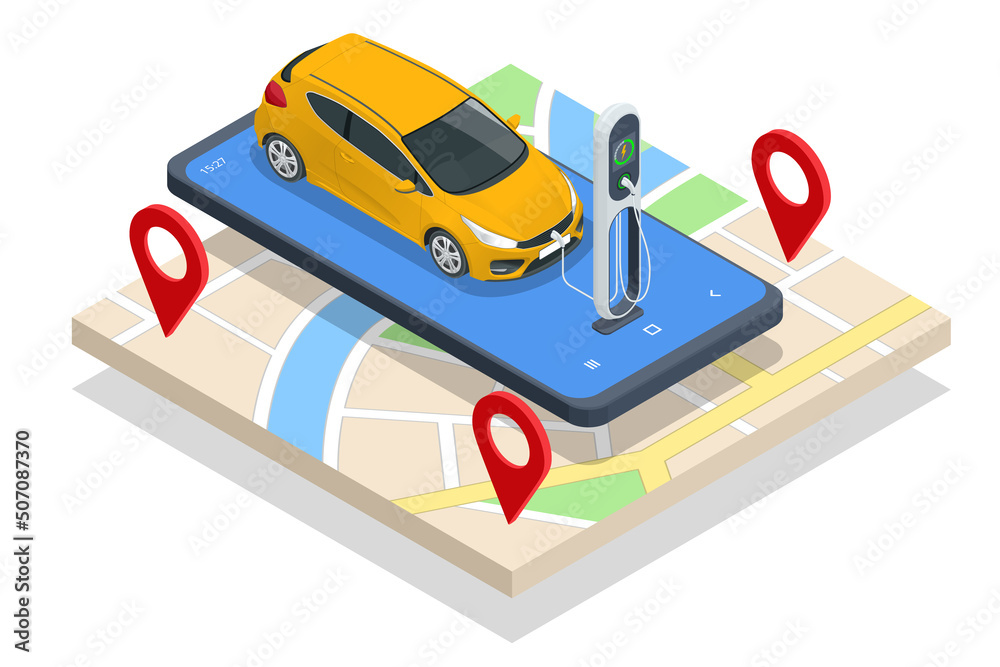 Isometric EV charger station application on mobile. Car charger. Electromobile charging station.
