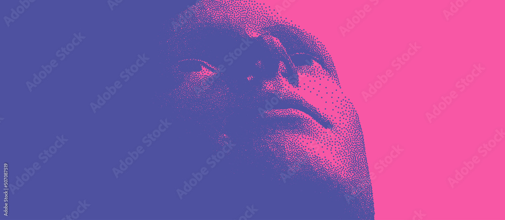Abstract man head made from dots. Pixel art. Retro style. Time to think. Giving it a little thought. Minimalistic design for business presentations, flyers or posters. 3d vector illustration. - obrazy, fototapety, plakaty 