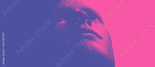 Abstract man head made from dots. Pixel art. Retro style. Time to think. Giving it a little thought. Minimalistic design for business presentations, flyers or posters. 3d vector illustration.