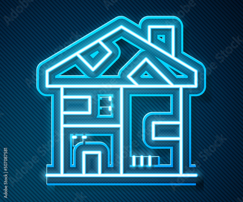 Glowing neon line Homeless cardboard house icon isolated on blue background. Vector
