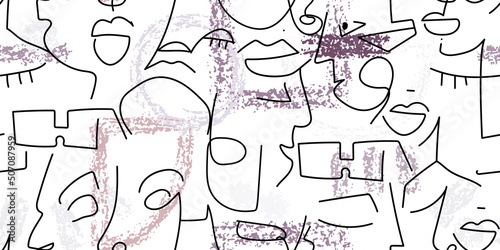 One line drawing. Abstract face seamless pattern.