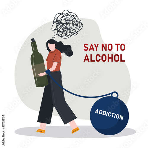 Sad woman with bottle of alcohol tied to her addiction. Depressed girl addicted to alcohol drinking. Medical help. Lady have alcohol and drug addiction