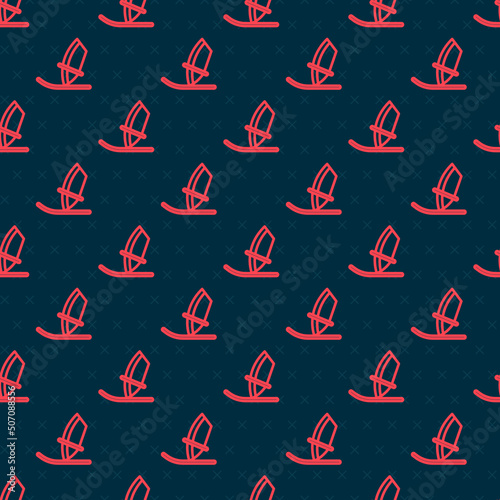 Red line Windsurfing icon isolated seamless pattern on black background. Vector