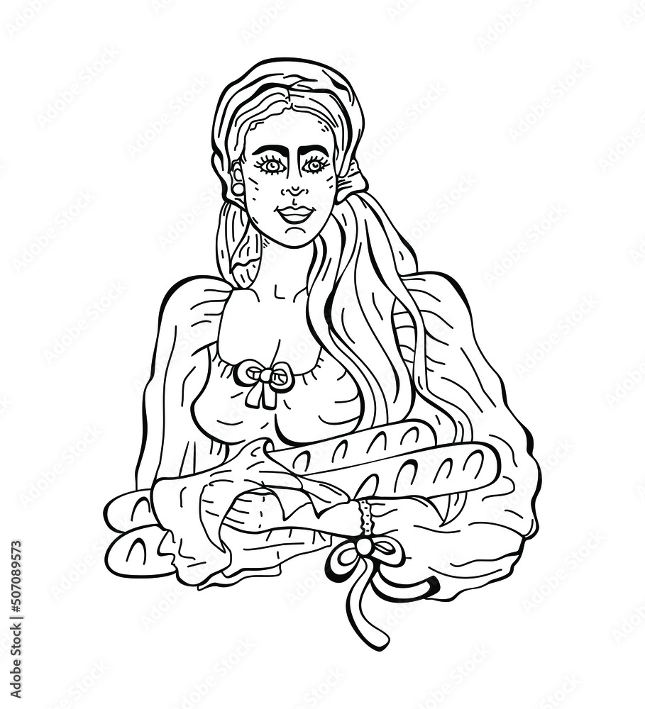 Girl holding a baguette. Vector graphics. Bakery illustrations. Girl holds bread. Engraving style.
Girl holding a baguette. Vector graphics. Bakery illustrations. Girl holds bread. Engraving style.