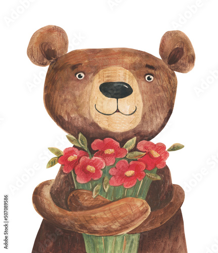 Bear with flower. Watercolor illustration, hand drawn © Julia Wegener