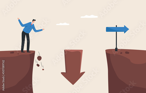Challenges, Confrontation. Decision making. An important step towards reaching a business or financial goal. .Overcome obstacles. Businessmen are deciding to jump over the gap.