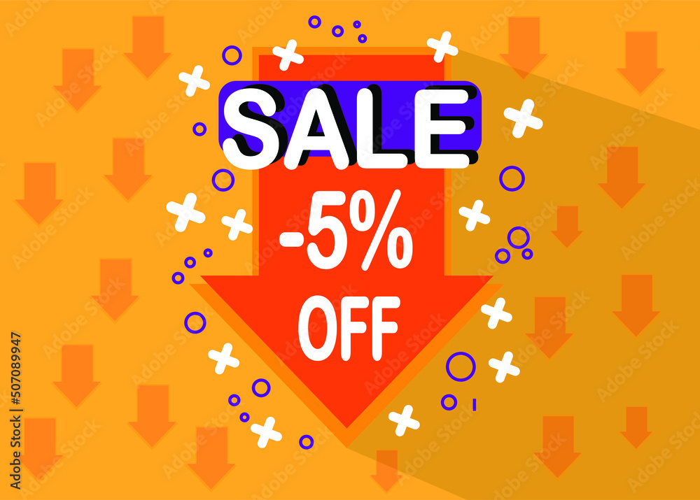 5% sale discount. Arrow icon with price drop for sales and special promotion in orange and white color. 5% sale discount. Arrow icon with price drop for sales and special promotion in orange and white color.