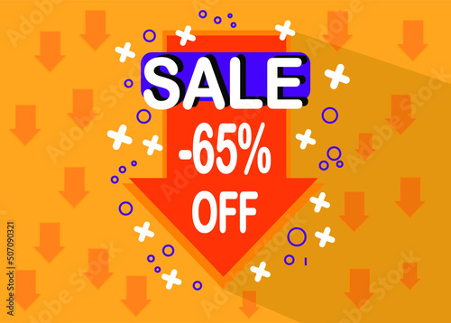 65% sale discount. Arrow icon with price drop for sales and special promotion in orange and white color.