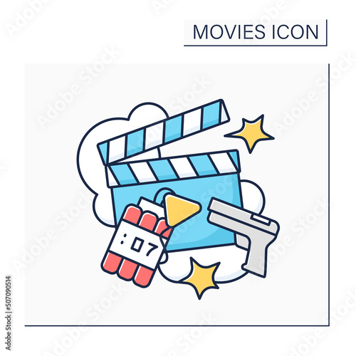Action movie color icon. Film genre. Fast-moving plot, scenes of violence and active actions. Guns, dynamite, adventure. Movie concept. Isolated vector illustration