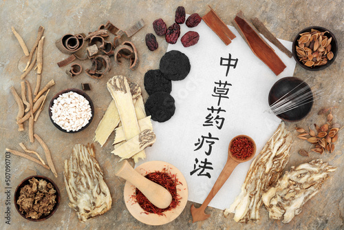 Chinese herbal plant medicine with acupuncture needles, herbs, spice with calligraphy script on rice paper. Natural healthcare concept. Translation reads as Traditional Chinese herbal therapy. 