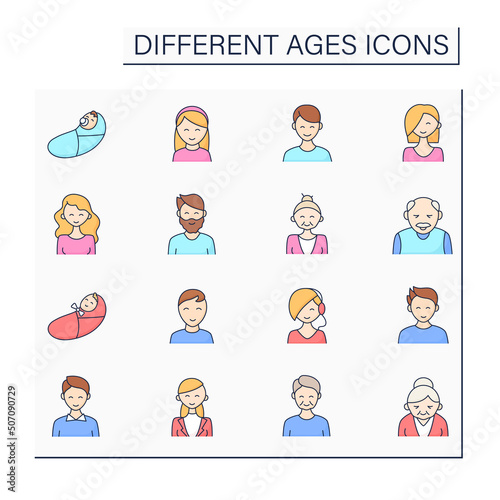 Different ages color icons set. Generations. Newborn, teenagers, adulthood and retirement. Life cycle concept. Isolated vector illustrations