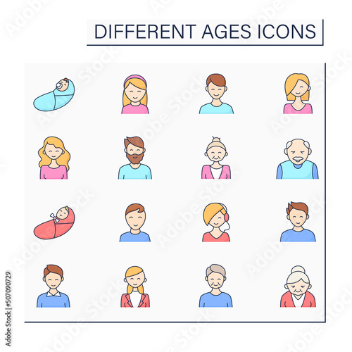 Different ages color icons set. Generations. Newborn, teenagers, adulthood and retirement. Life cycle concept. Isolated vector illustrations photo