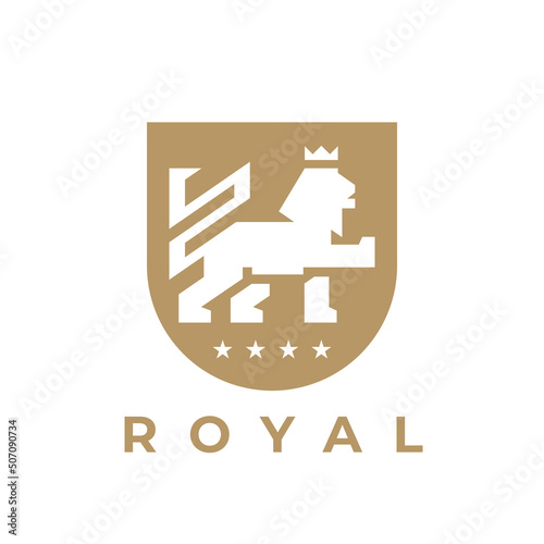 Royal lion crest logo emblem. Heraldic shield icon. Luxury gold vintage style insignia animal badge. Premium classic brand identity symbol. Vector illustration.