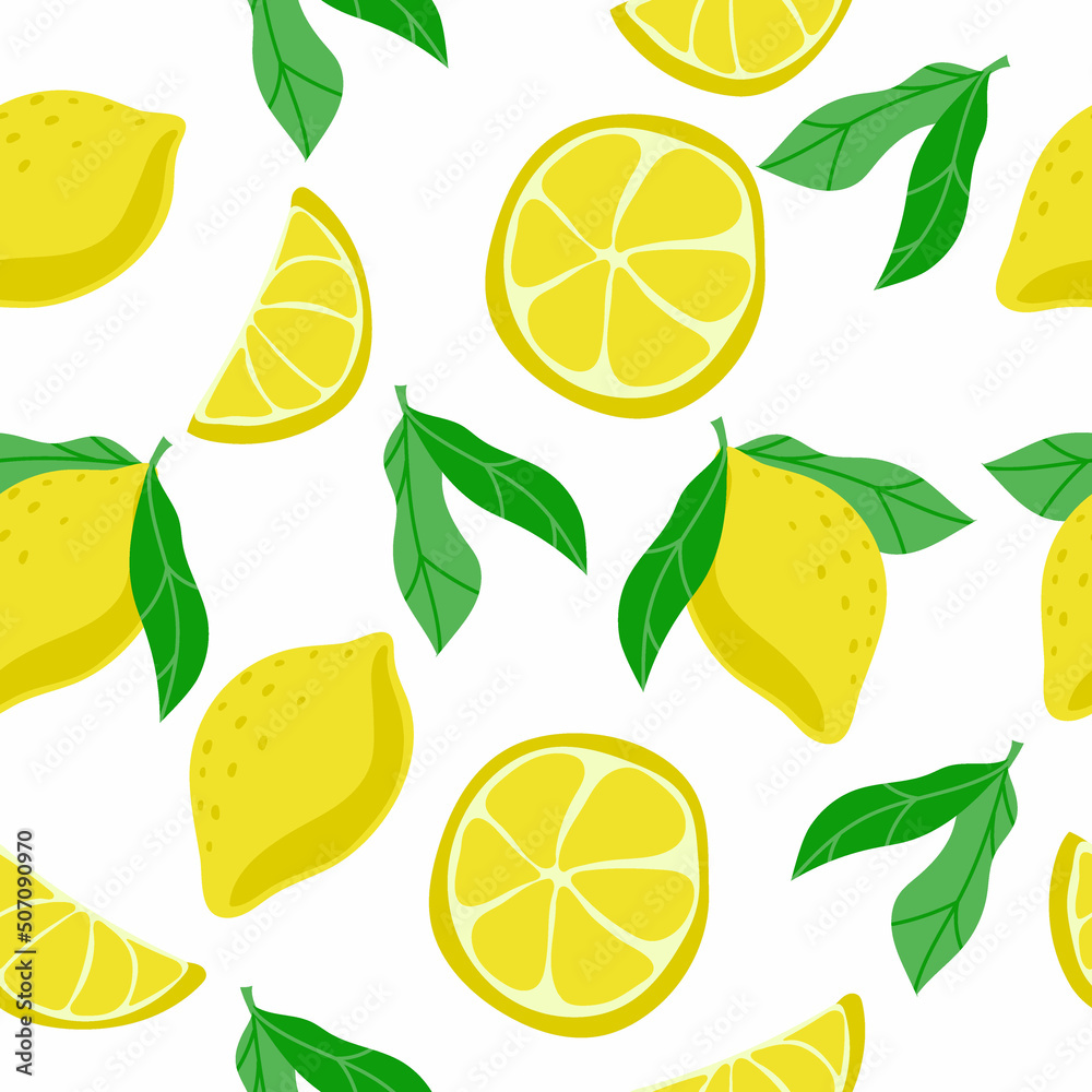 Seamless pattern of bright lemons, hand-drawn elements. Summer. Yellow lemons with leaves on white background. Whole lemons and halves. Lemonade. Suitable for textiles and packaging. Seamless pattern of bright lemons, hand-drawn elements. Summer. Yellow lemons with leaves on white background. Whole lemons and halves. Lemonade. Suitable for textiles and packaging.