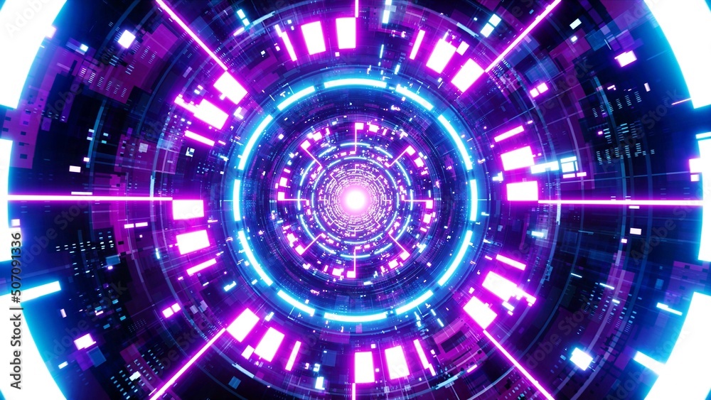 Glowing Neon Light Futuristic Geometric Tunnel 3D Rendering Glowing Neon Light Futuristic Geometric Tunnel 3D Rendering