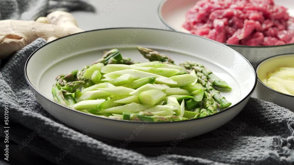 Special Chinese Sichuan Stir-Fried Vegetables, Asparagus, Stir-fried Beef and Ingredients Special Chinese Sichuan Stir-Fried Vegetables, Asparagus, Stir-fried Beef and Ingredients