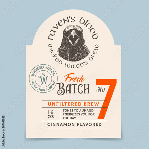 Halloween Bottle Label with Raven Head. Vector Illustration