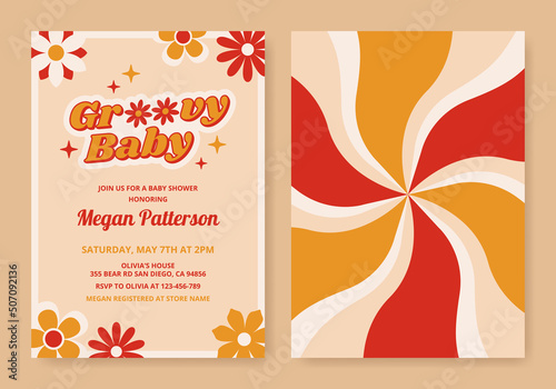 Colorful baby shower invitation card template. Groovy baby flyer in floral retro 70s style. Vector illustration.