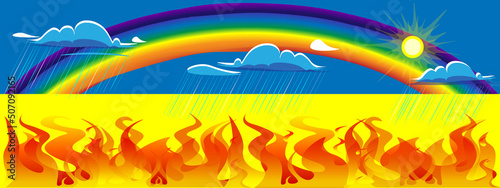 Ukraine flag illustration. Ukraine is engulfed in the fire of war, but God sent clouds of rain to extinguish the flames of war and discord. A rainbow of peace and happiness played over Ukraine.