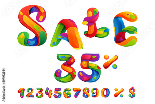 Sale lettering set with numbers  percent  and currency sign. Colorful art with paint splashes.