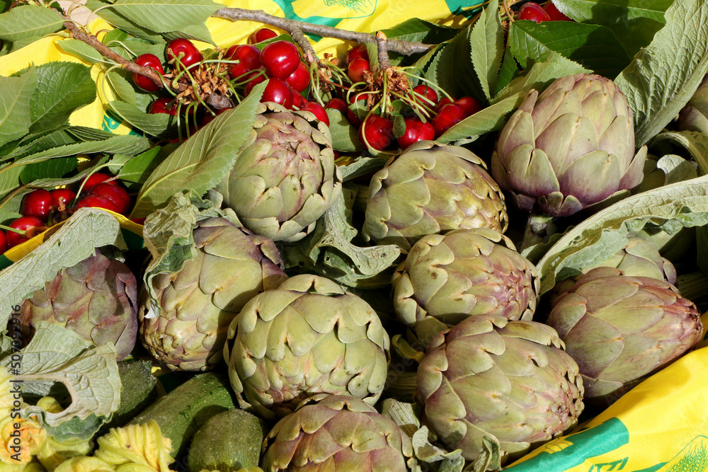 Fototapeta premium Close up of artichokes for sale in a greengrocer