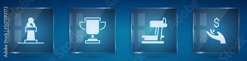 Set Speaker, Award cup, Treadmill machine and Hand holding coin money. Square glass panels. Vector