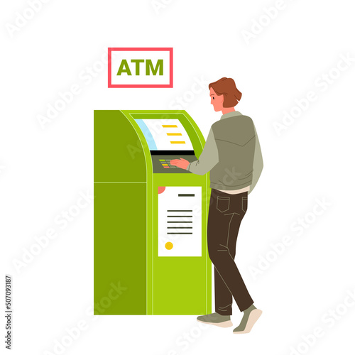 Man at atm trying to withdraw money. Using cash machine, entering safety pincode, financial digital bank terminal, electronic finance self service, cash deposit and payments vector illustration