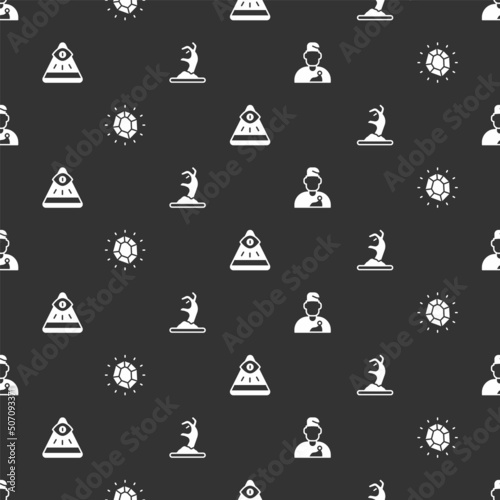 Set Wizard warlock, Magic stone, Masons and Zombie hand on seamless pattern. Vector