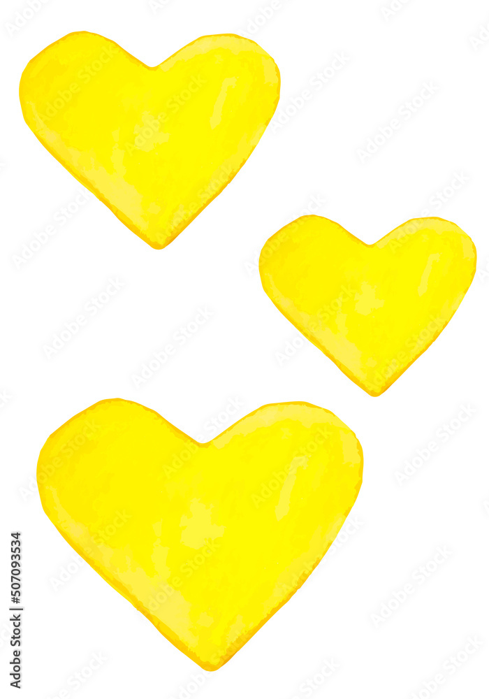 Watercolor yellow hearts on white background for decor, design
