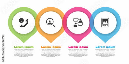 Set Incoming call on mobile, Magnifying glass for search, Two sitting men talking and Family photo. Business infographic template. Vector