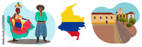 Characters in Colombian national dress and with
a bowl of fruit on his head. Famous Colombian architecture. Map and flag of Colombia. vector illustration