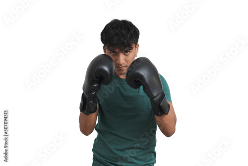 Young peruvian boxer on guard. Isolated over white background.