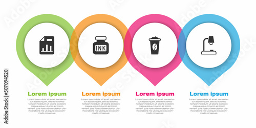 Set Document with graph chart, Inkwell, Coffee cup to go and Table lamp. Business infographic template. Vector