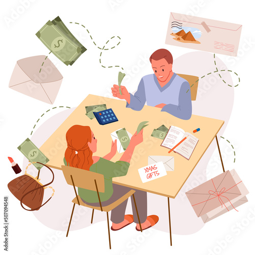 Family budget planning strategy. Managing incomes and outgoings, booking holiday, calculating monthly needs, personal daily expenses, financial management, saving money capital vector illustration