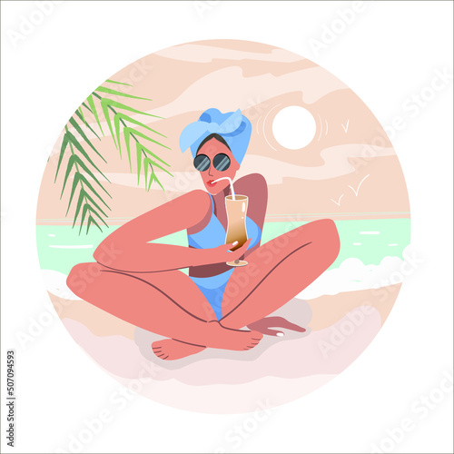 Vector illustration of a girl in a swimsuit with glasses and a headscarf, resting on a sunny sea coast, drinking a cocktail, vacation mood, flat design.