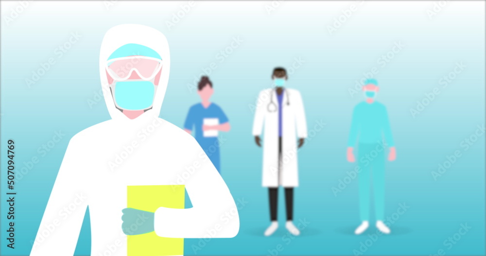 Image of a scientist standing with medical personnel standing in the back. Image of a scientist standing with medical personnel standing in the back.